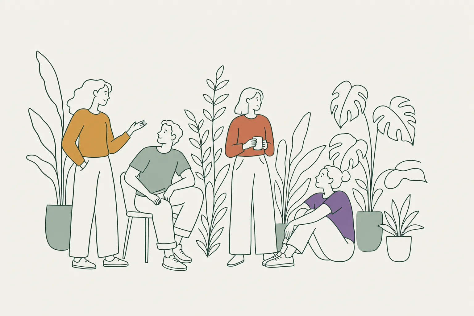 Four people among tall plants, turned toward one another in easy conversation